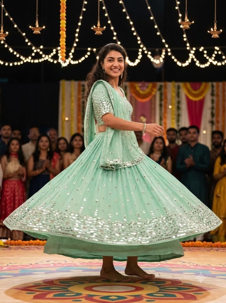 Woman twirling in a mint green chaniya choli with mirror work during garba
