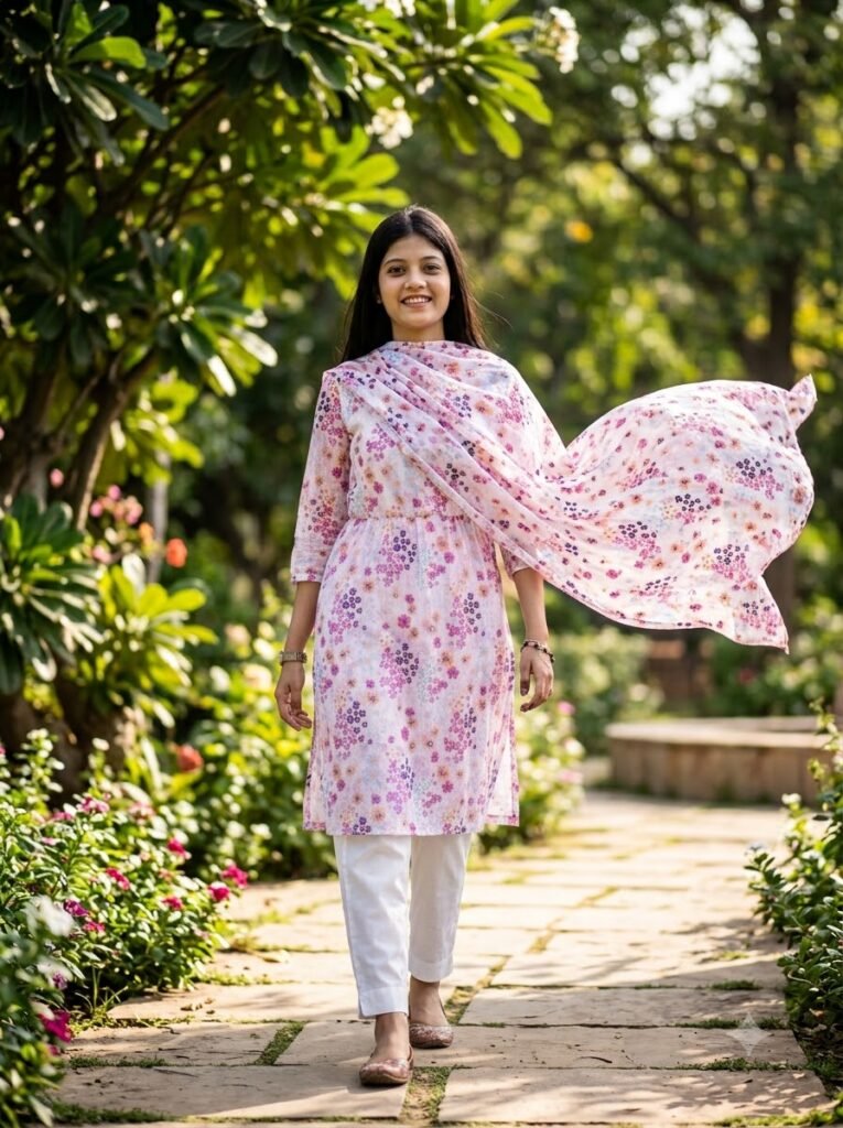 Woman in a flowy printed kurti walking through a garden