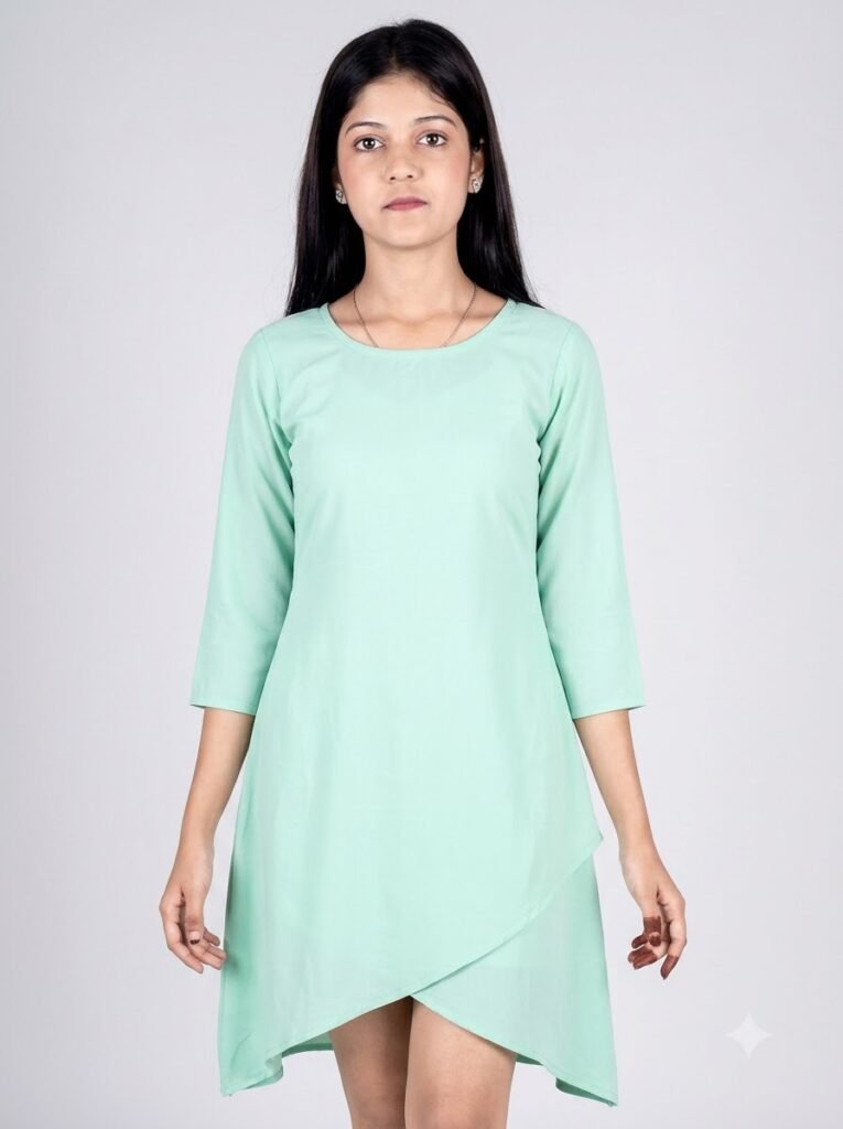 Woman wearing a pastel asymmetric-hem kurti with minimal jewellery