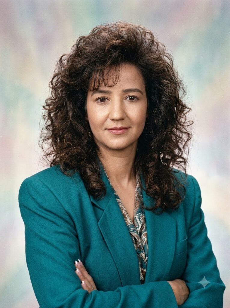1980s studio portrait of a woman with big curled hair and a shoulder-padded blazer