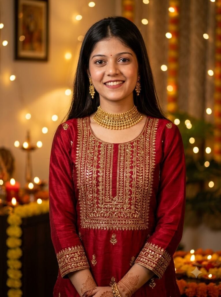 Woman wearing a gold zari-worked kurti with statement jewellery