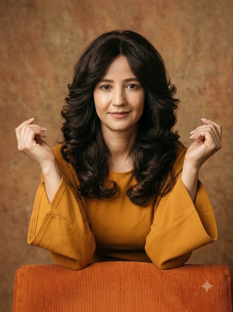 1970s retro portrait of a woman with feathered hair and flared sleeves
