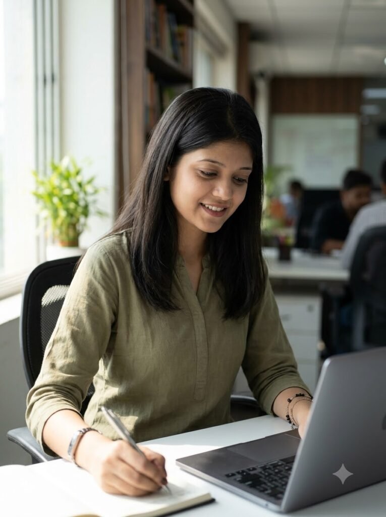Woman working by an office window in a simple muted-colour cotton kurti