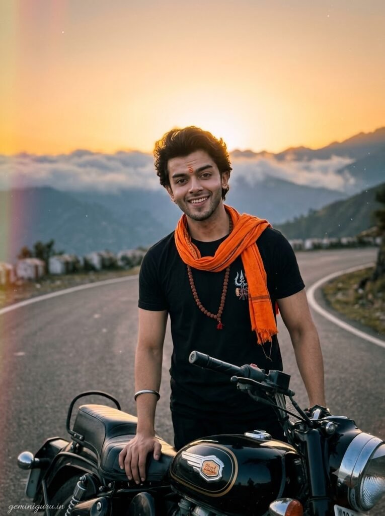 Mahadev devotee standing beside a classic motorcycle on a hill road