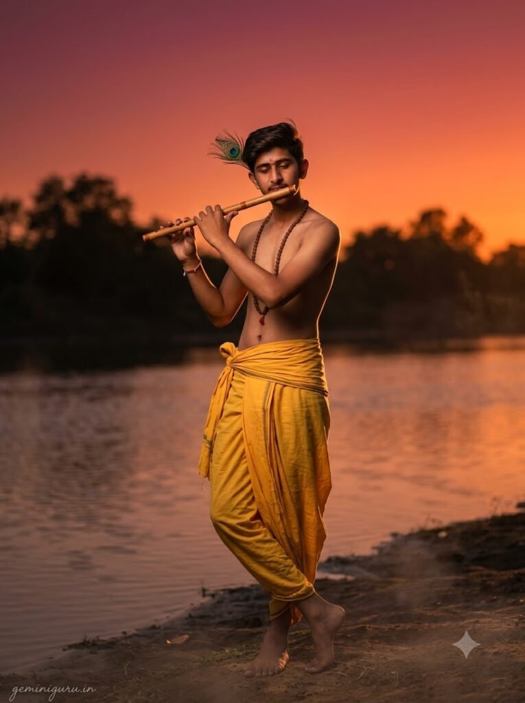 Young man in yellow traditional attire playing a flute by a river at sunset