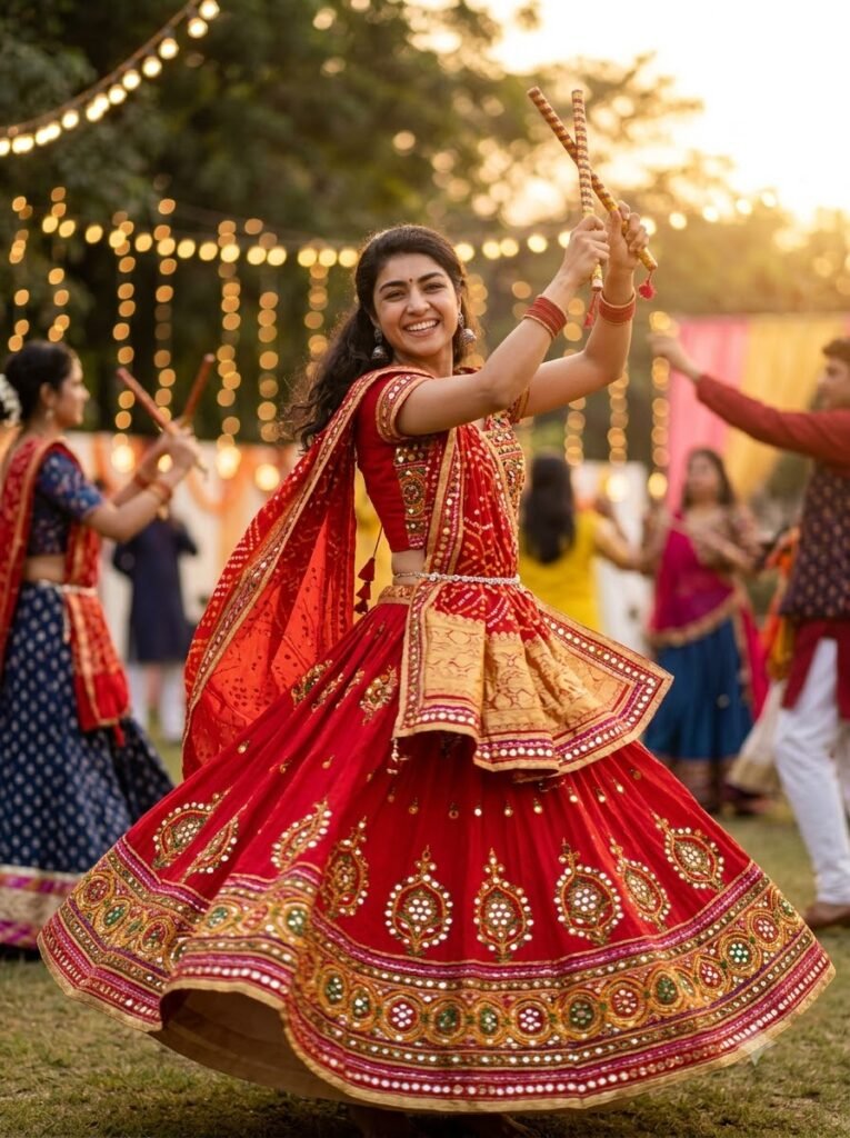 Young Indian woman dancing garba in a red and gold chaniya choli with dandiya sticks