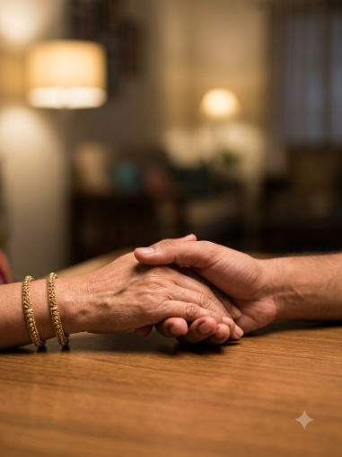 Close-up of a mother and grown son holding hands across a table